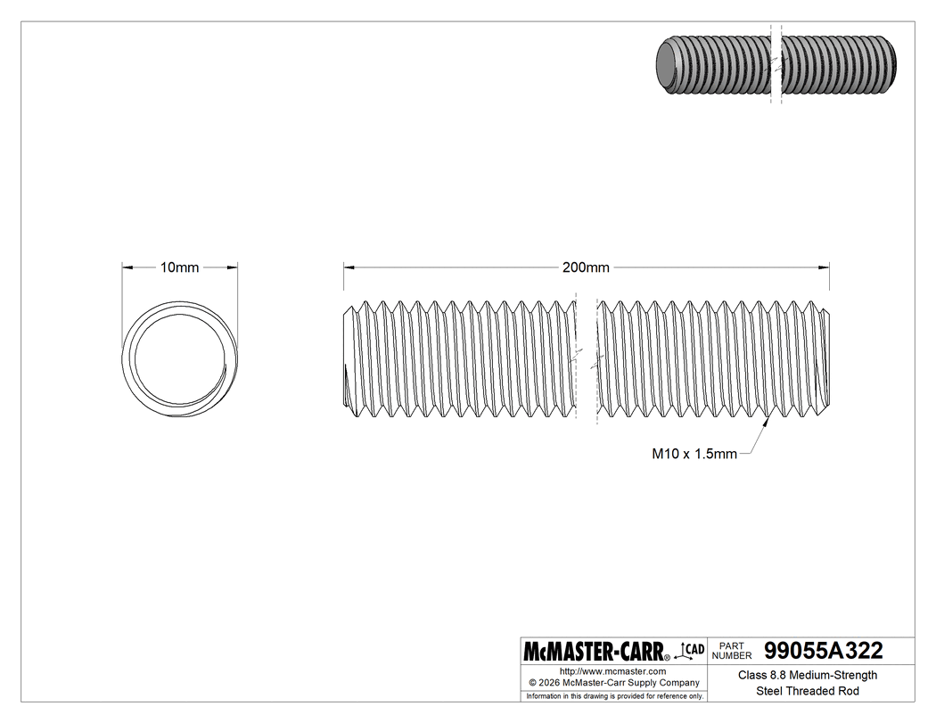 Technical Drawing of Class 8.8 Medium-Strength Steel Threaded Rod, M10 x 1.5 mm Thread Size, 200 mm Long.